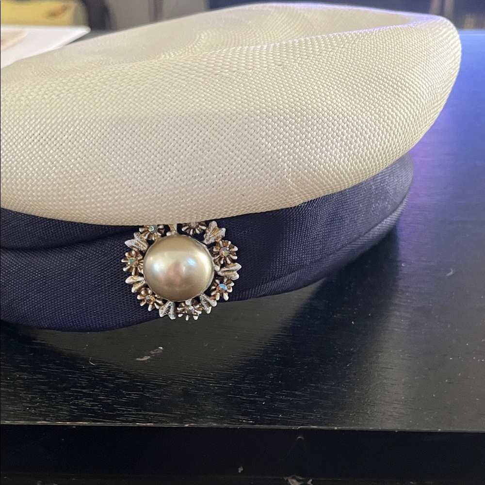 Original Gina Cream and Navy Beret with Pearl Accent